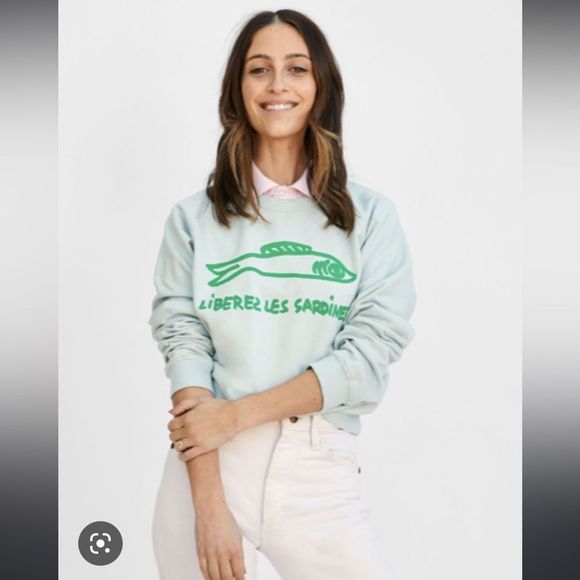 Clare V Liberez Les Sardines blue sweatshirt green writing - Picture 4 of 7